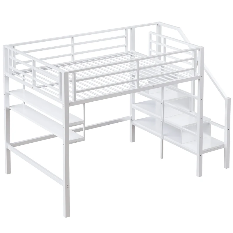 Lits double superposés métallique blanc échelle avec étagères rangement (140*200cm) VEIRNAH