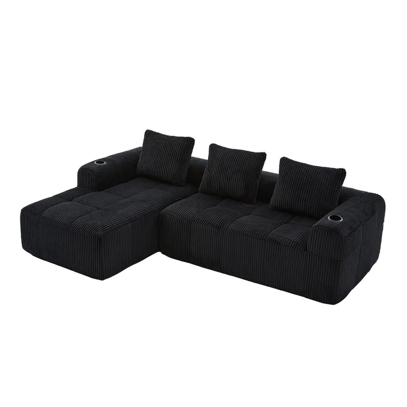 Canapé d'angle 3 places modulable en velours côtelé noir– confort premium, poches latérales et porte-gobelets GRASSLANDSEED