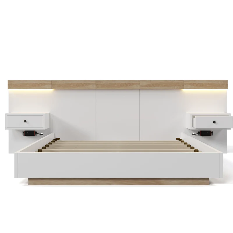 Ensemble de lit queen blanc et effet bois avec 2 tables de chevet, prise et lamps 160*200cm (matelas non inclus) CATALYST