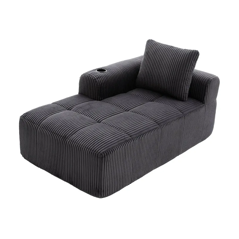 Méridienne droite en velours côtelé grise foncée modulable avec porte-gobelet et poche latérale CARDAMOMSEED