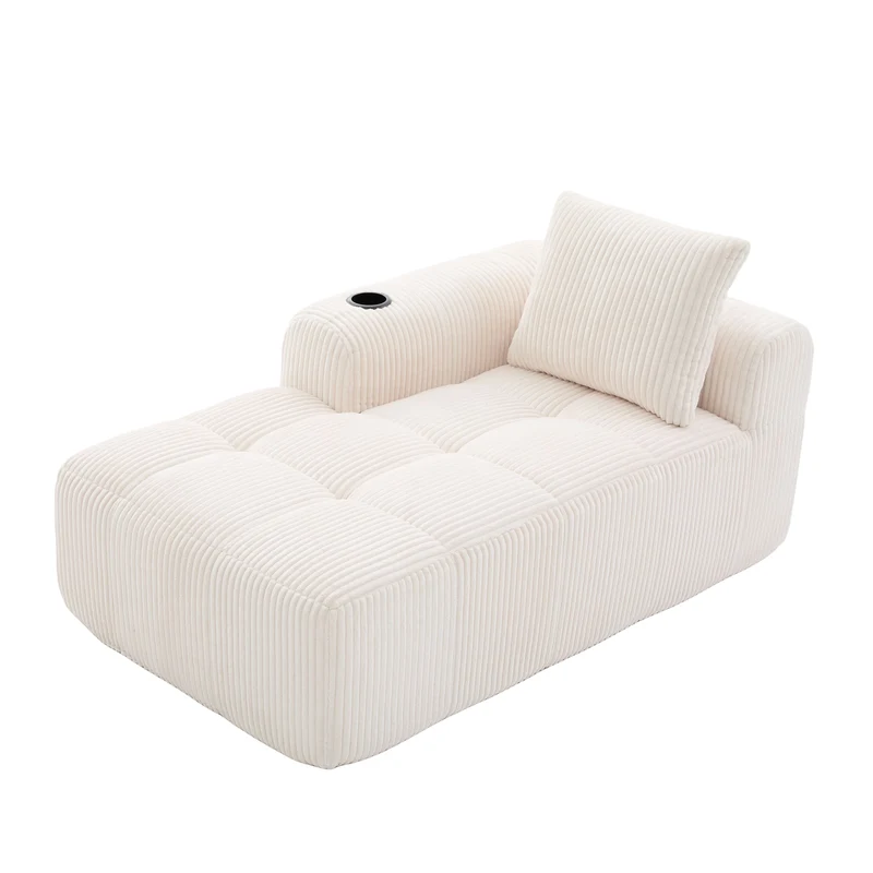 Méridienne droite en velours côtelé blanc cassé modulable avec porte-gobelet et poche latérale CYPRESSNODE