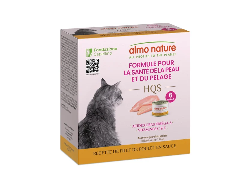 Almo Nature HQS Formule Soutien - Chat Santé de la Peau et Pelage, Filet Poulet en Sauce - 4 Boîtes de 6 x 50 g - Nourriture Humide pour Chats