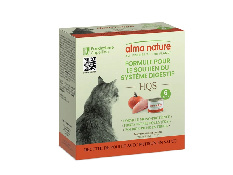 Almo Nature HQS Formule Soutien - Chat Système Digestif, Poulet avec Potiron en Sauce - 4 Boîtes de 6 x 50 g - Nourriture Humide pour Chats