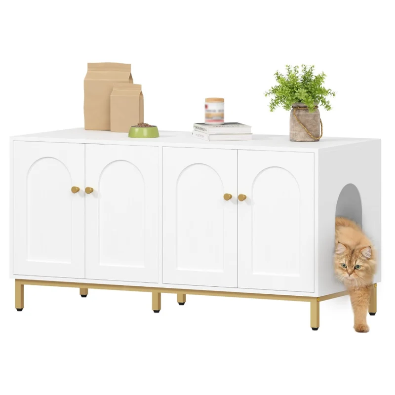 Meuble litière pour chat double compartiment blanc 119 cm