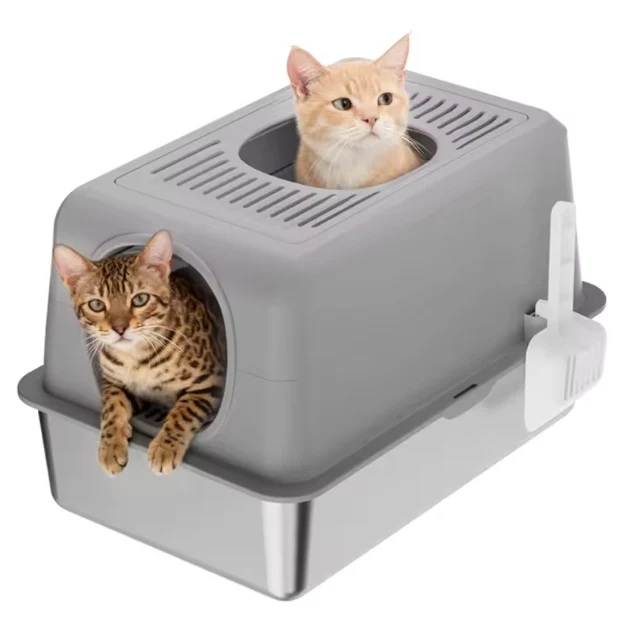 Bac à litière pour chat en acier inoxydable avec couvercle 60 cm
