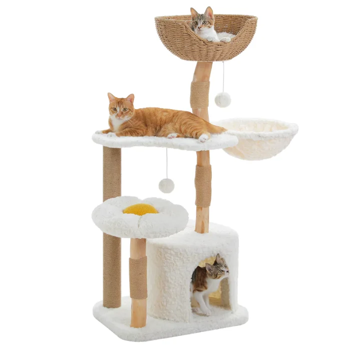 Arbre à chat multi-niveaux avec niche, hamac et panier rotin – 123 cm
