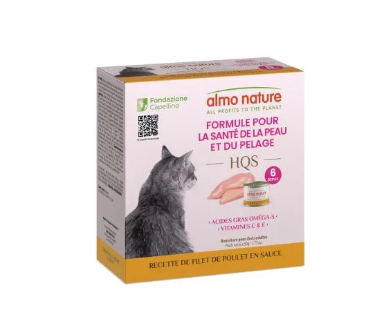 Almo Nature - HQS - Formule Soutien Peau et Pelage- Filet de Poulet en Sauce - Chat - 6x50gr