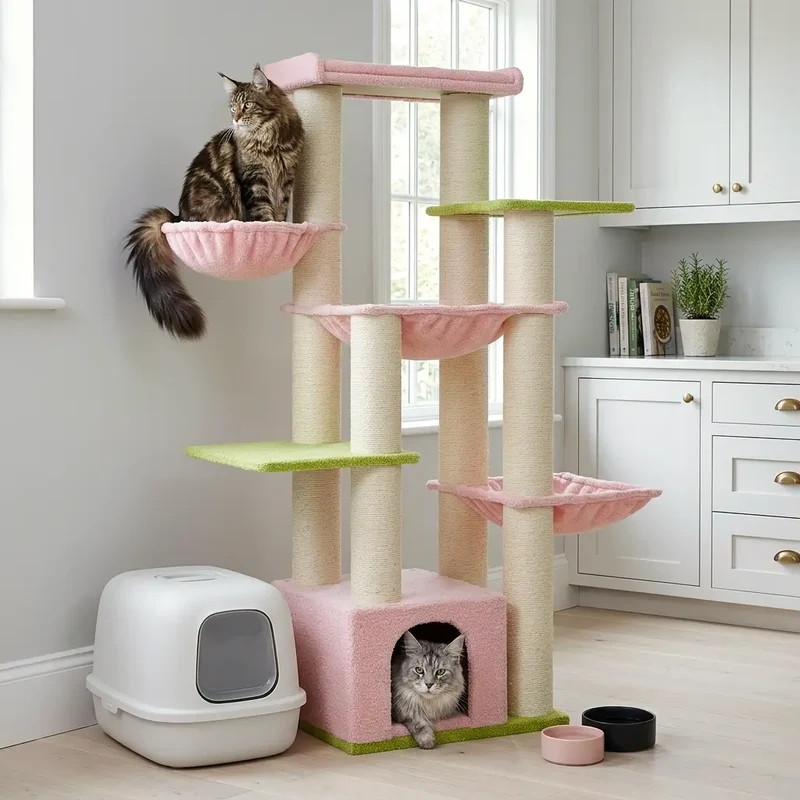 Arbre à chat rose Maine Coon – Douceur XXL pour grands félins