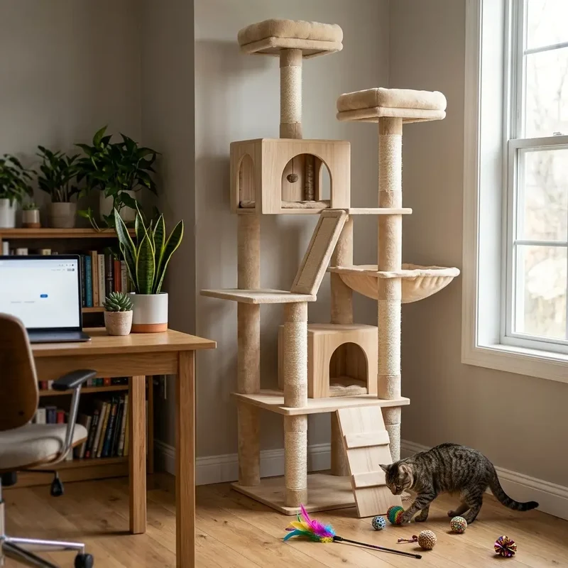 Grand arbre à chat beige – Élégance et espace en hauteur