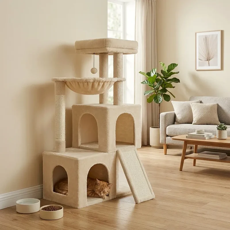 Arbre à chat beige moderne – Élégance discrète pour intérieur contemporain