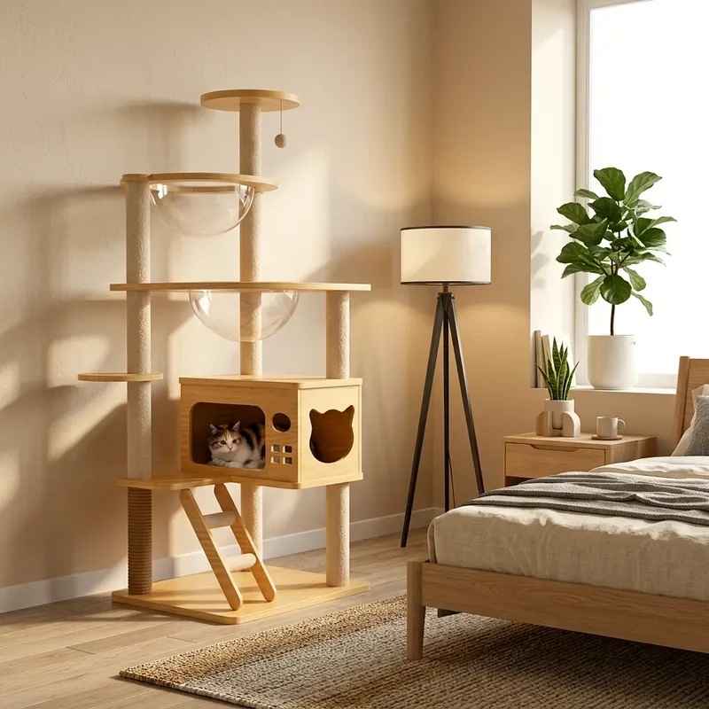 Arbre à chat beige bois – Design naturel et confort félin