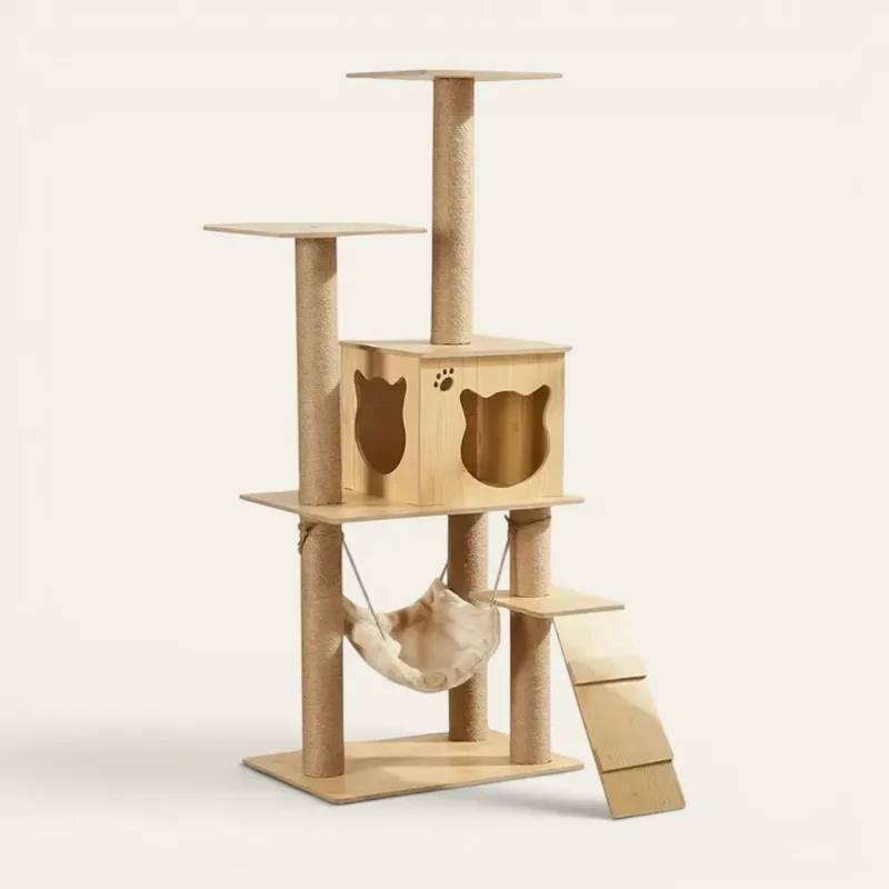 Arbre à chat beige bois – Design naturel et confort félin
