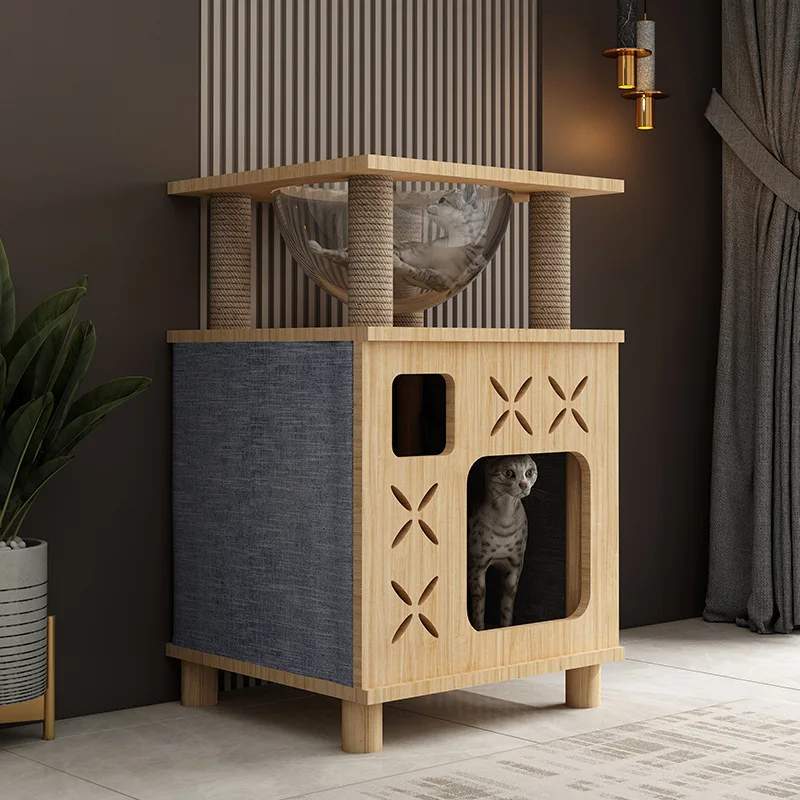 Designer-Kratzbaum aus Holz – Möbel mit Kratzbaum – Integrierte Katzentoilette mit Hängematte
