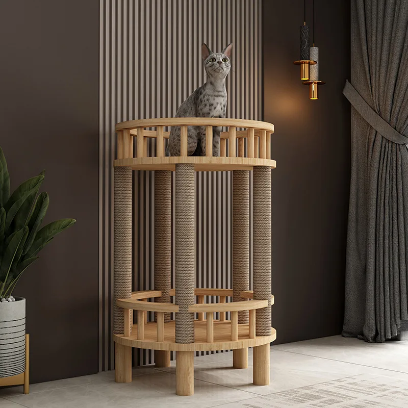 Designer Kratzbaum aus Holz - Möbel mit Kratzbaum - Integrierte Katzentoilette - Offen rund