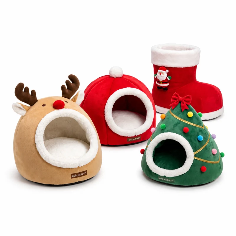 Noël Lit et Coussins en forme de Renne, Citrouille, Botte et Sapin de Noël - pour Chat - NOËLdeCHAT™
