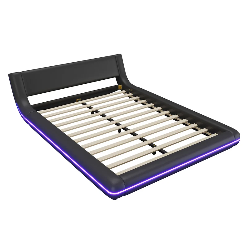 Lit double plateforme PU noir avec éclairage LED 140x200 cm LUNALA