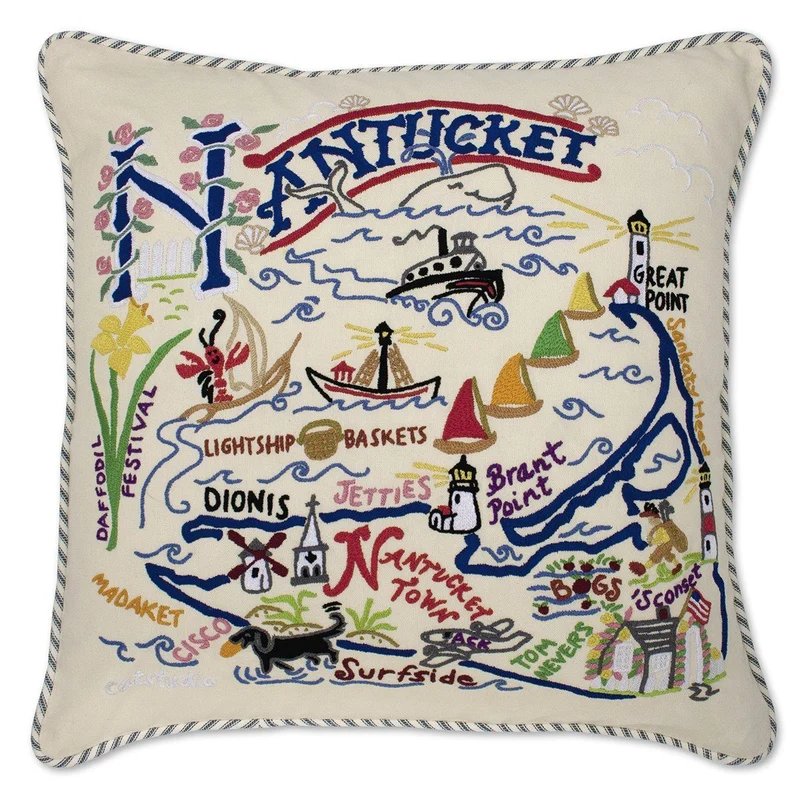 Nantucket Hand Embroidered CatStudio Pillow