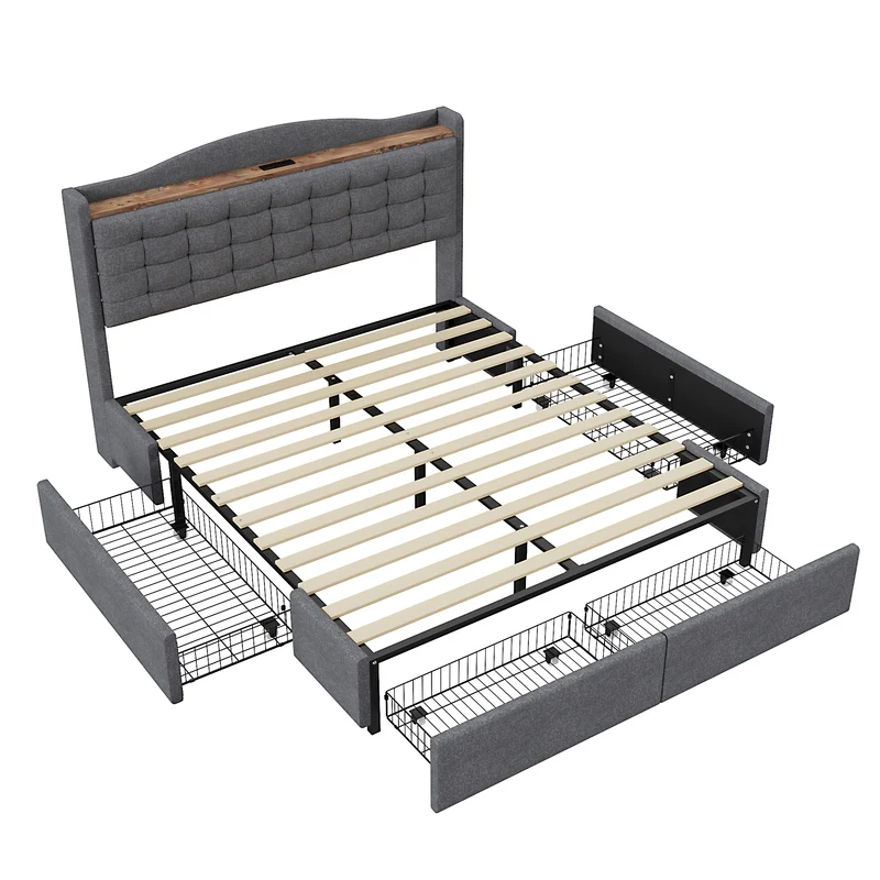 Lit king lin gris rembourré 4 tiroirs avec 2 prises USB (160*200 cm) EMPHUT DARK GREY KING