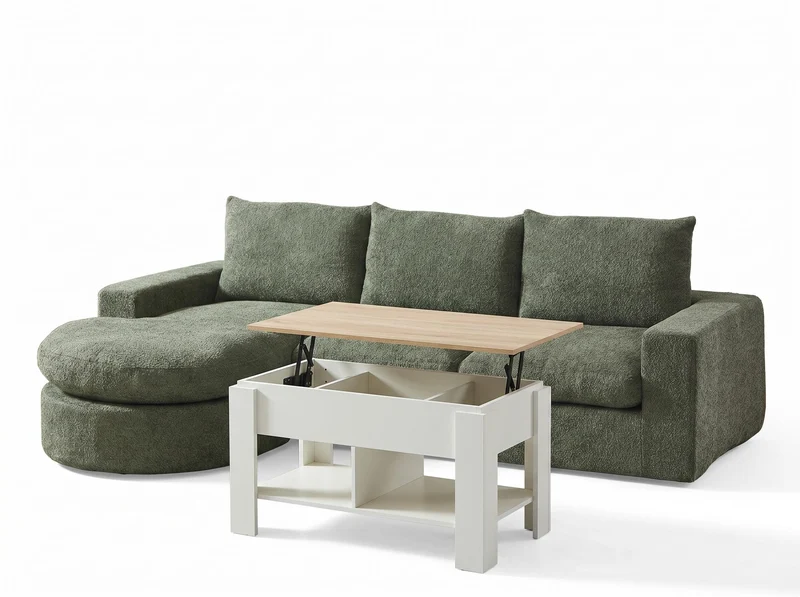 Ensemble de canapé modulable 3 places en chenille vert et table basse relevable effet blanc chêne VERTEXZORATHYNOR ELOT OAK