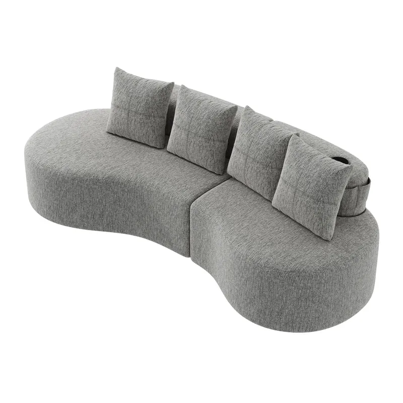 Canapé 3 places en lin gris clair avec 4 coussins, porte-gobelet, poches latérales sans montage 240x109cm FLAREVERTE
