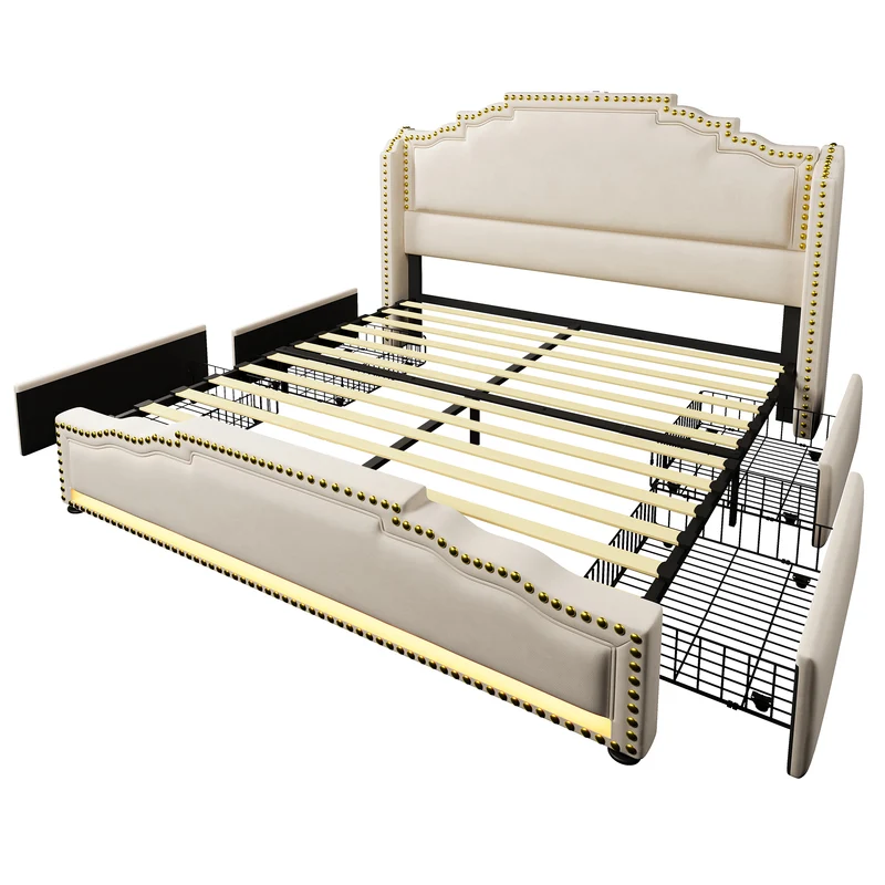 Lit double beige rembourré captionné royal avec éclairage LED et 4 tiroirs 140*200cm STOCZUTS DOUBLE BEIGE