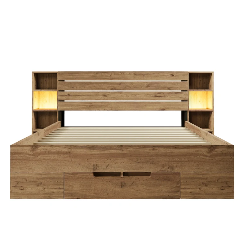 Lit double en bois massif chêne avec éclairage LED étagères et tiroirs rangement prise USB C 160×200cm (sans matelas) IESSAES QUEEN