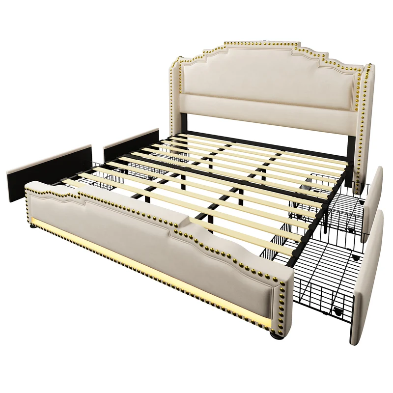 Lit king beige rembourré captionné royal avec éclairage LED et 4 tiroirs 180*200cm STOCZUTS SUPER KING BEIGE