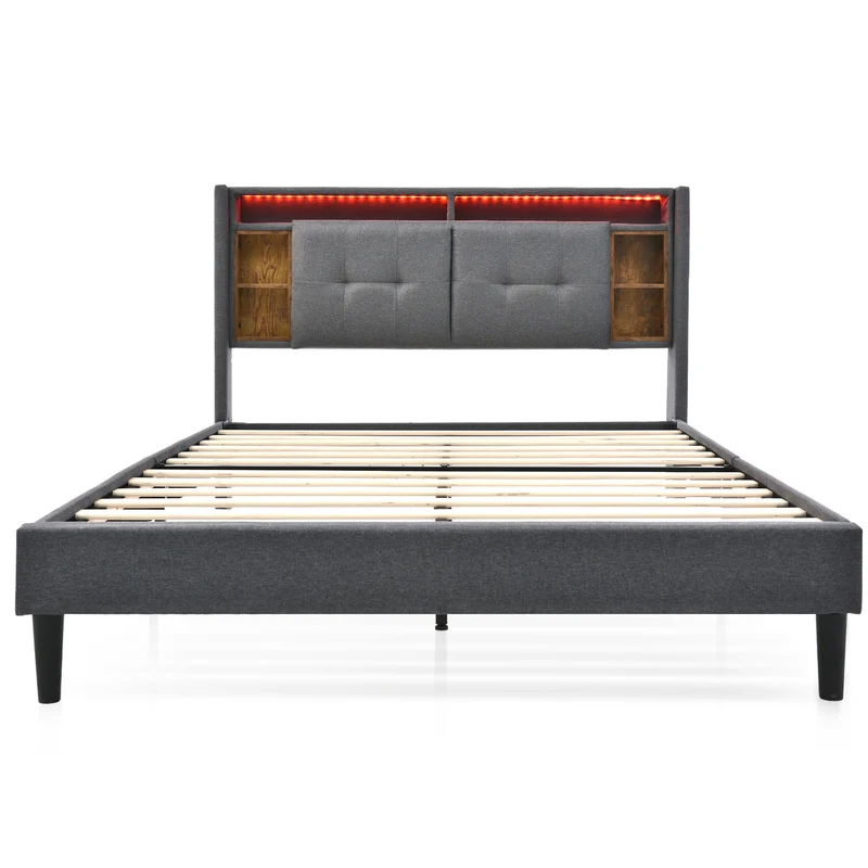 Lit double capitonné gris avec tête de lit rangement éclairage LED 160*200 Queen EENGEDS