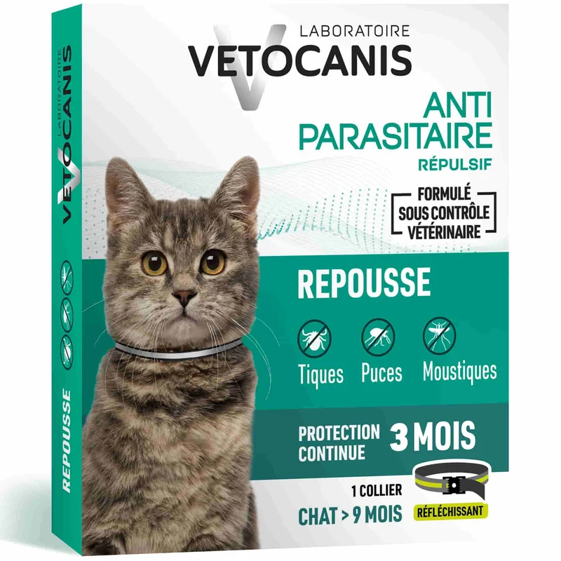 Collier Anti-puces Tiques et Moustiques Réfléchissant Répulsif Chat