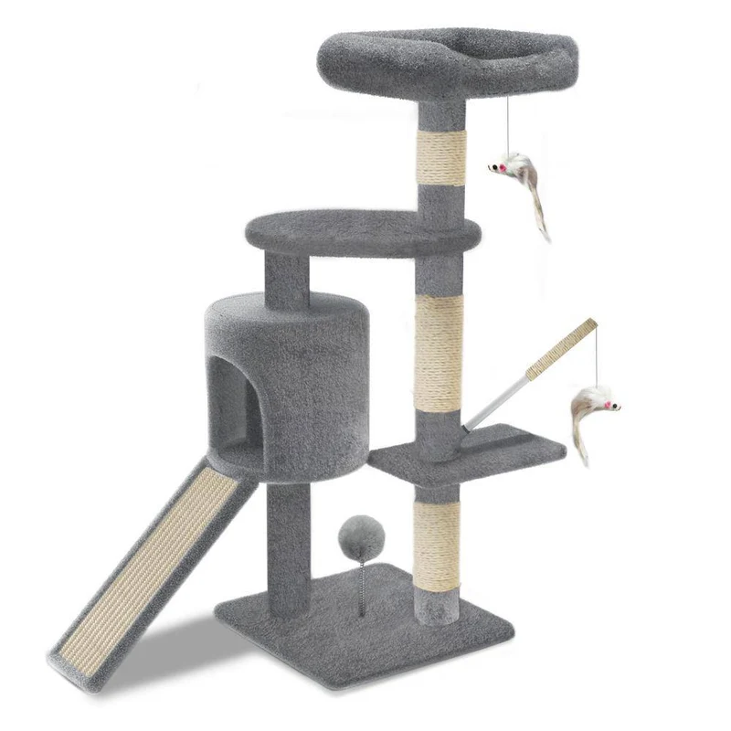 Arbre à Chat 112cm avec Griffoir Plateforme Niche L Gris