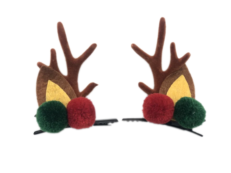 Barrette bois de Renne Noel avec pompons
