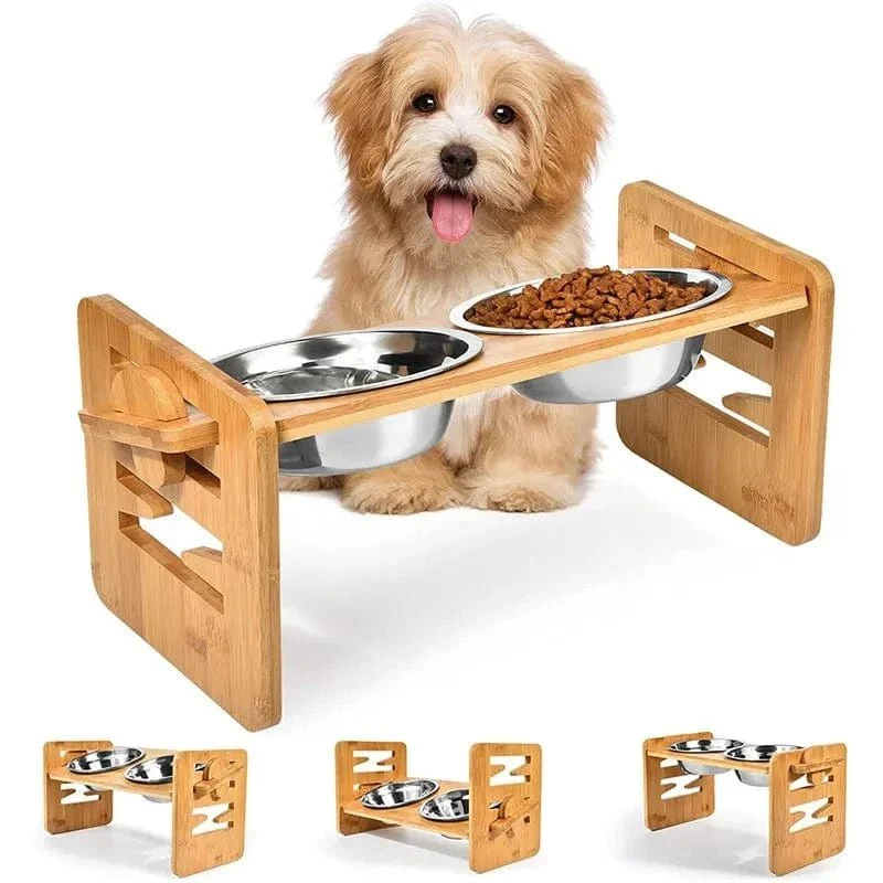 Support de gamelle réglable en bambou pour chien et chat