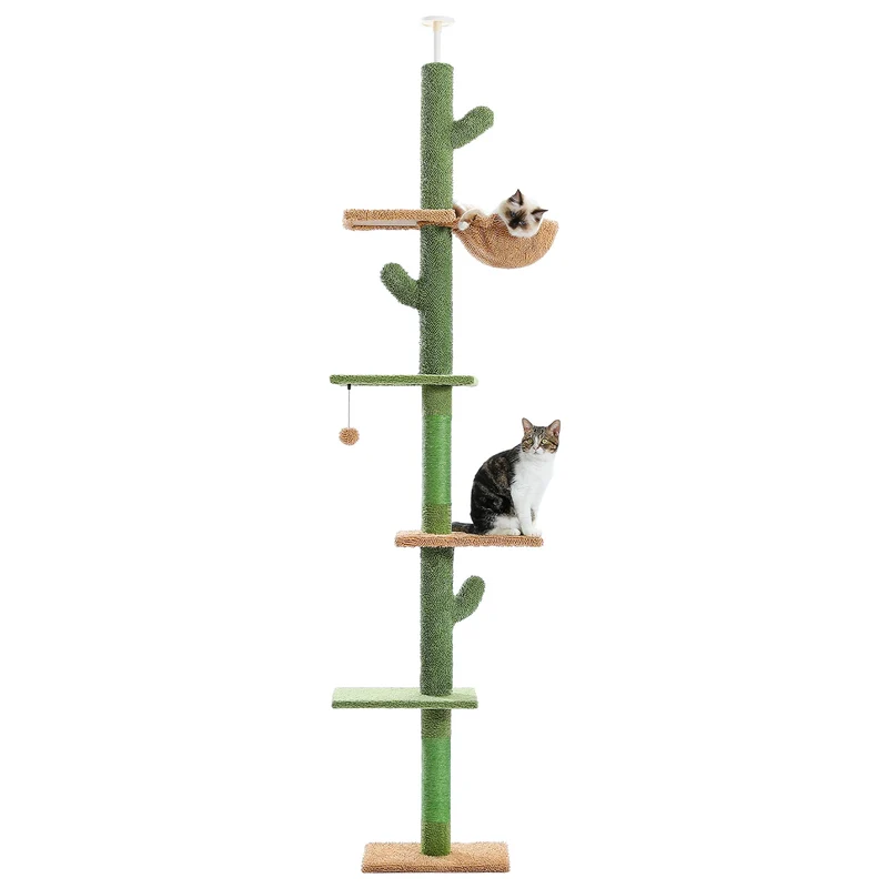 Arbre à chat cactus du sol au plafond — 5 niveaux, hamac & griffoirs sisal