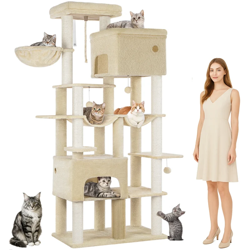 Arbre à chat 200 cm pour Maine Coon — 9 niveaux, 2 grottes, 2 hamacs