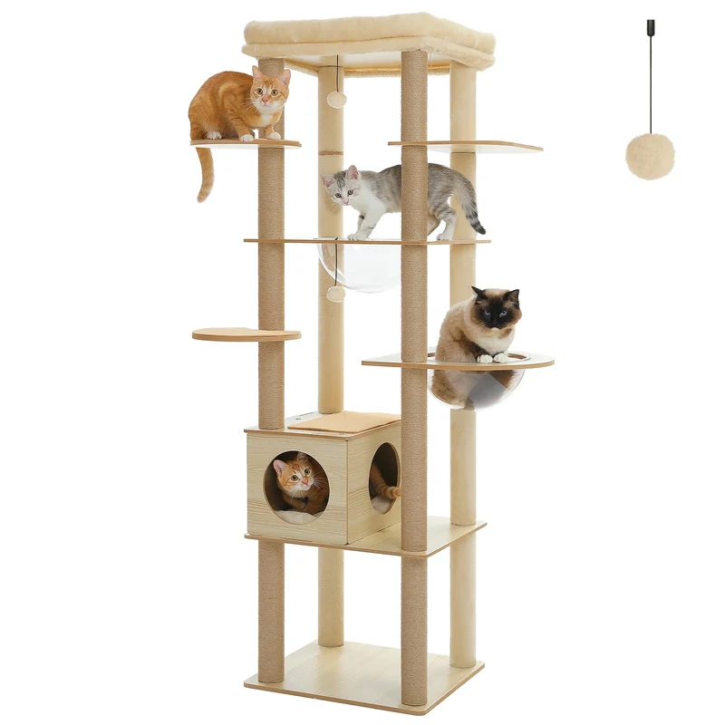 Arbre à chat en bois avec condo spacieux, hamac et griffoirs XXL