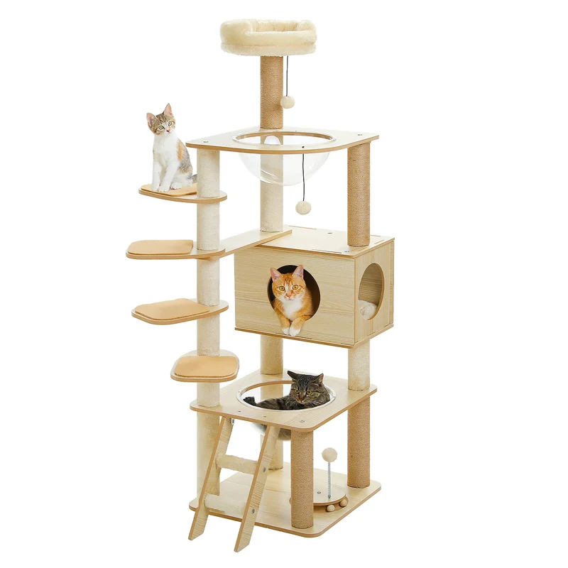 Arbre à chat en bois avec condo, hamac et griffoirs sisal XXL