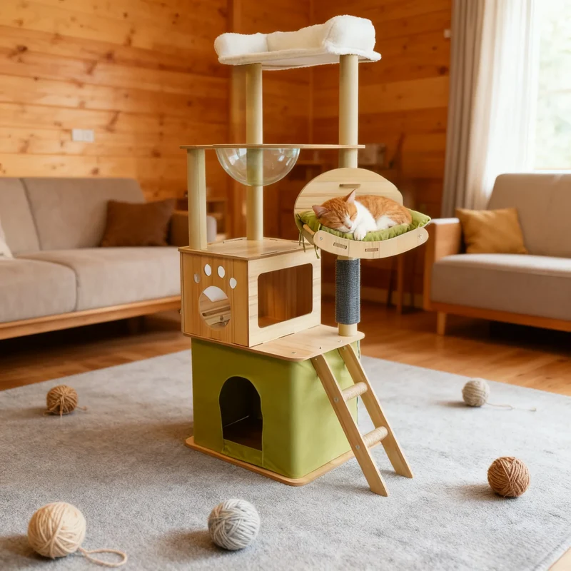 Arbre à chat en bois multi-niveaux avec niches et jeux tout-en-un