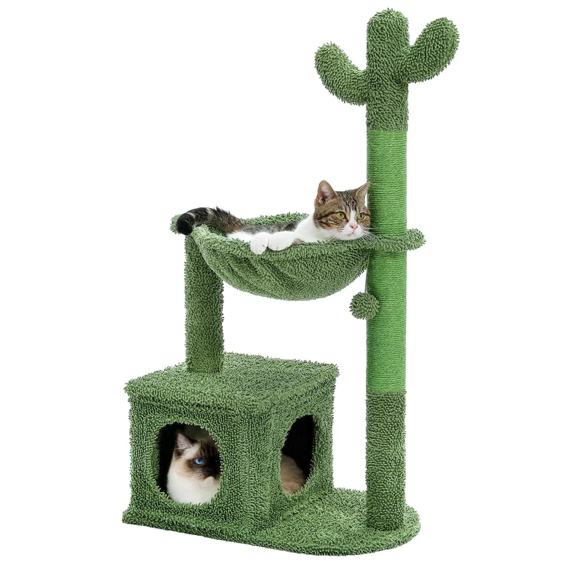 Arbre à chat en forme de cactus avec grand condo, hamac douillet, jouet suspendu et griffoirs en sisal – Tour compacte pour chats d’intérieur