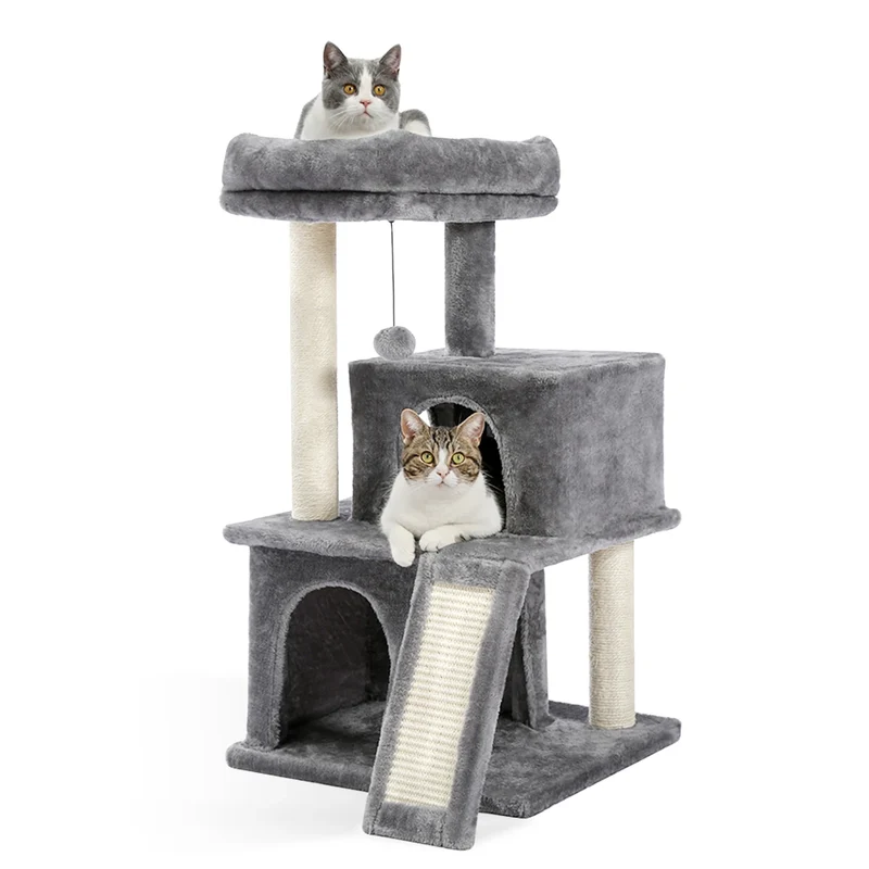 Tour en bois pour chats avec double condos – Perchoir spacieux, poteaux à griffer en sisal et jouets suspendus remplaçables