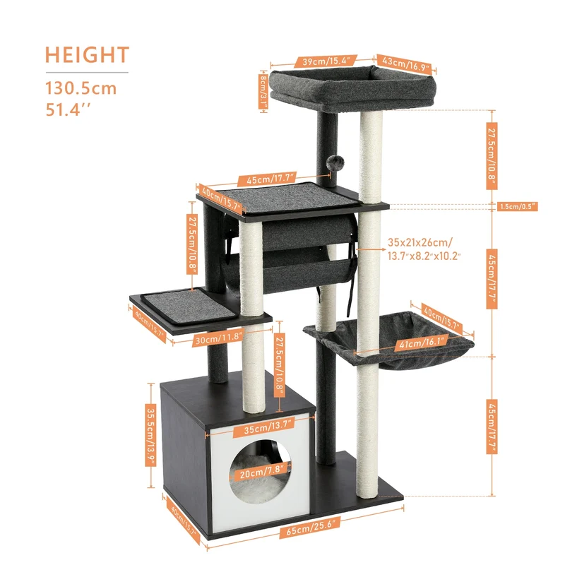 Arbre à chat moderne en bois pour chats d’intérieur – Tour avec condo douillet, hamac suspendu, tunnel de jeu, griffoirs en sisal et jouets intégrés