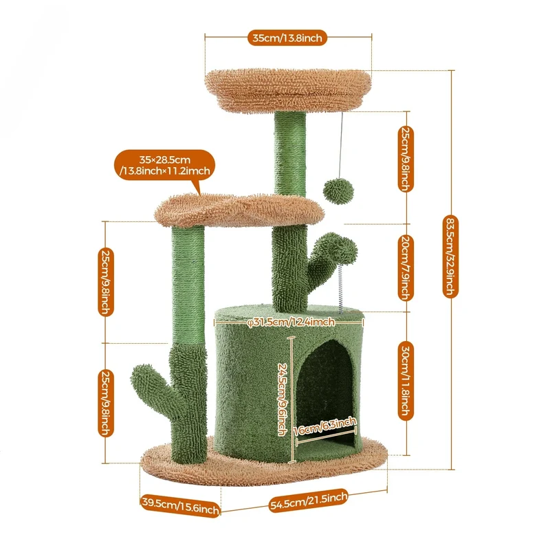 Arbre à chat en forme de cactus – Tour compacte avec condo douillet, perchoir incurvé, coussin amovible, griffoirs en sisal et jouets intégrés