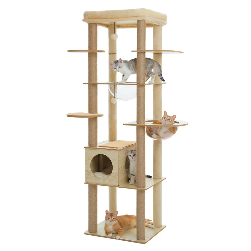 Tour en bois multi-niveaux pour chats d’intérieur – Maison spacieuse, hamac, perchoir, griffoirs en sisal et jouets intégrés