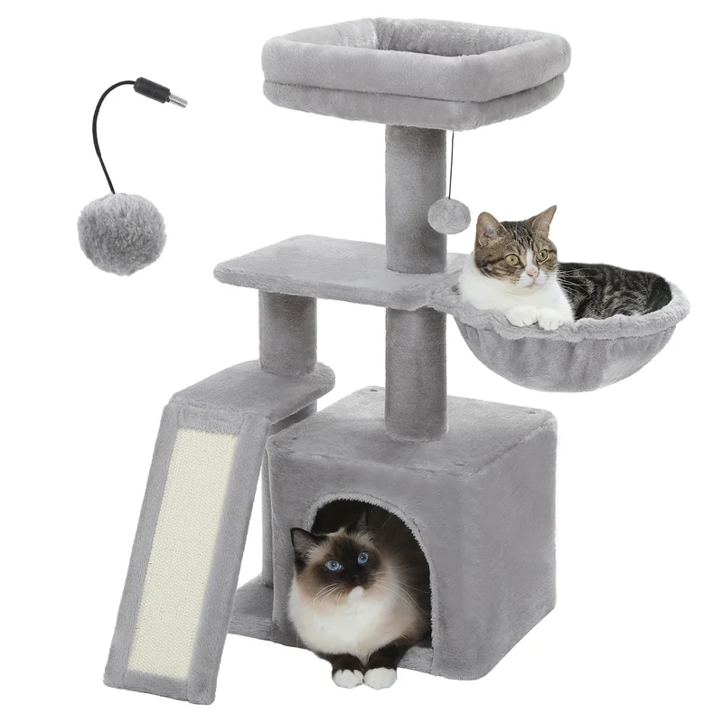 Petit arbre à chat avec griffoir en sisal naturel, grand perchoir et hamac douillet