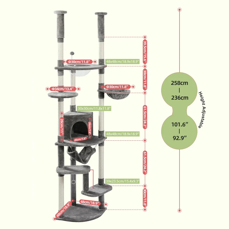 Arbre à chat fixation plafond – Tour avec griffoirs en sisal, condo douillet, hamac et hauteur réglable