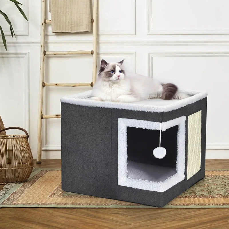 Maison pour chat d’intérieur – Niche pliable avec griffoir et coussin réversible