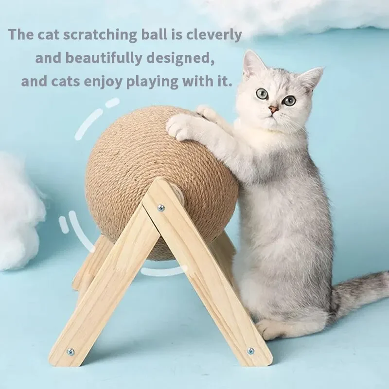 Griffoir balle en sisal pour chat – Jouet rotatif sur support en bois