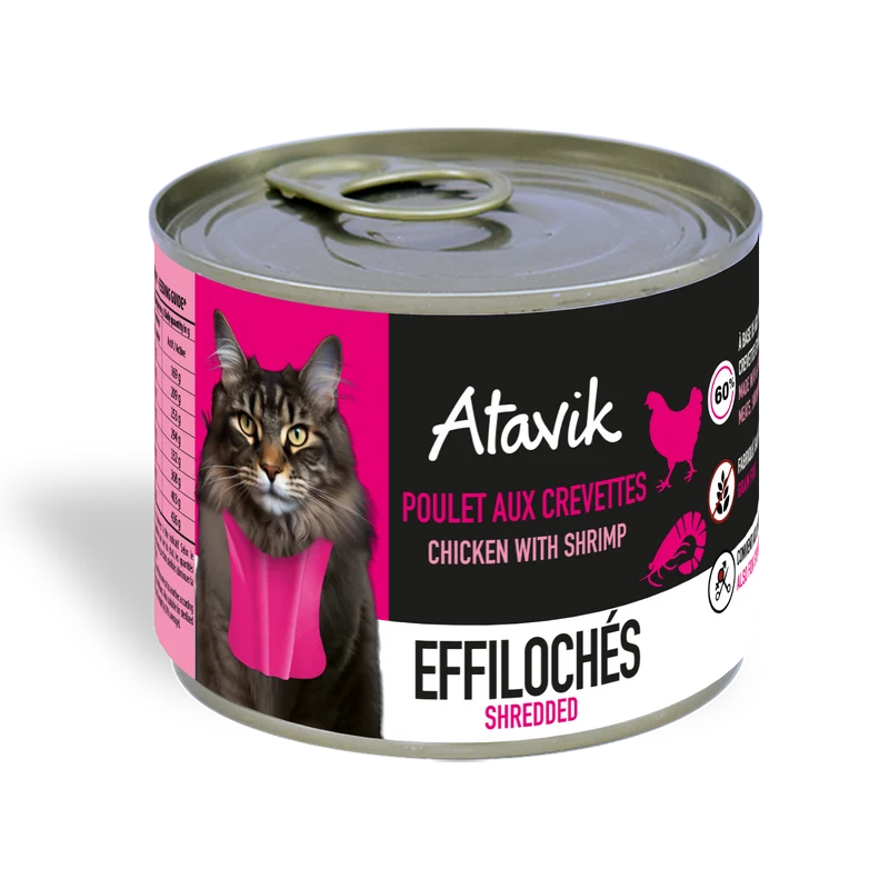 Pâtées chats effilochés Poulet Crevettes - Atavik