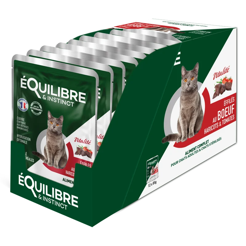 Boîte d’Effilé "Vitalité" pour chat 😺 au bœuf, haricots et tomates 🐂🍅 - Equilibre & Instinct