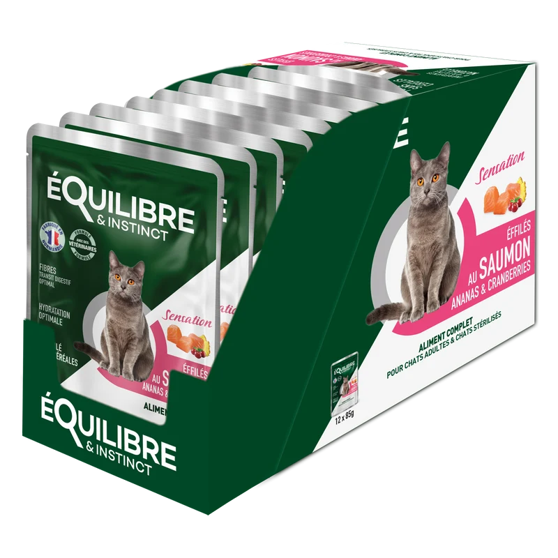 Boîte d’Effilé "Sensation" pour chat 😺 au saumon, ananas et cranberries 🐟🍍 Equilibre & Instinct