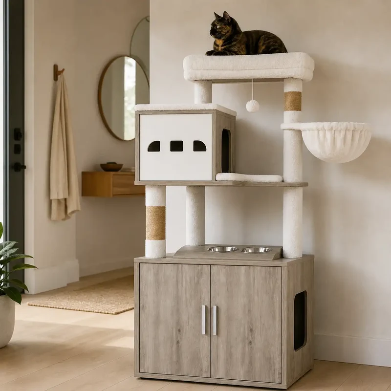 Arbre à chat avec cache litière XXL – 150 cm, grand espace litière